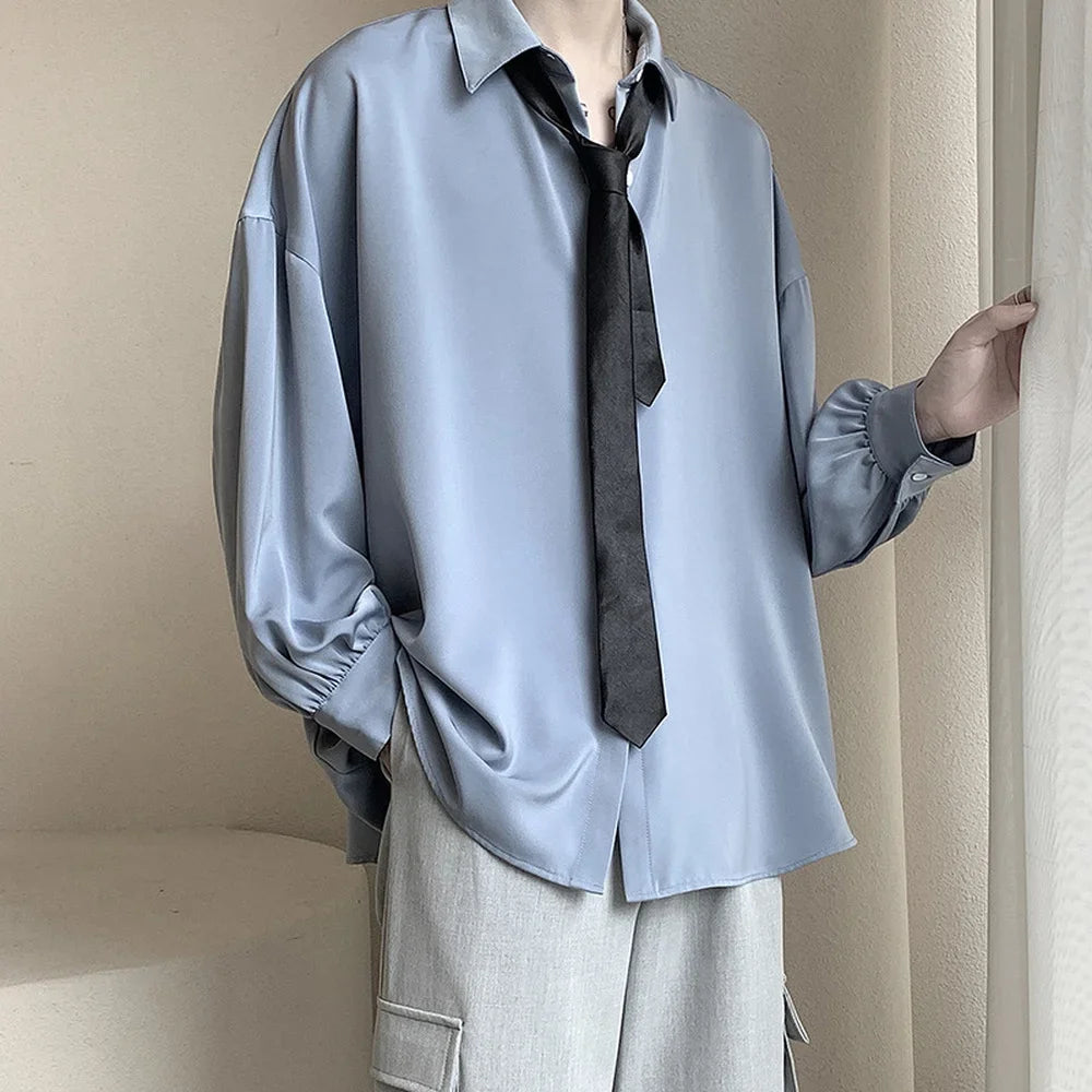 Korean Style Men's Long-sleeved Shirts Black Tie Cozy Casual Solid