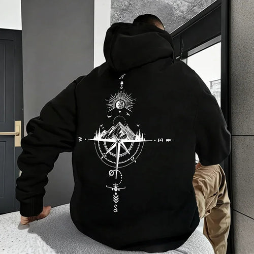 Vintage Compass Print Hoodies for Men High Quality Hooded Long Sleeve