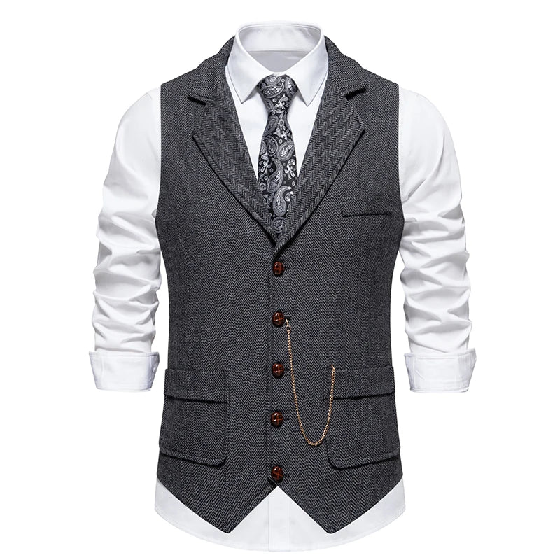 Men's Retro Lapel Chain Vest Fashion Herringbone Coarse Tweed Pockets