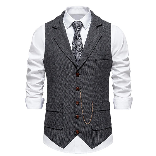 Men's Retro Lapel Chain Vest Fashion Herringbone Coarse Tweed Pockets