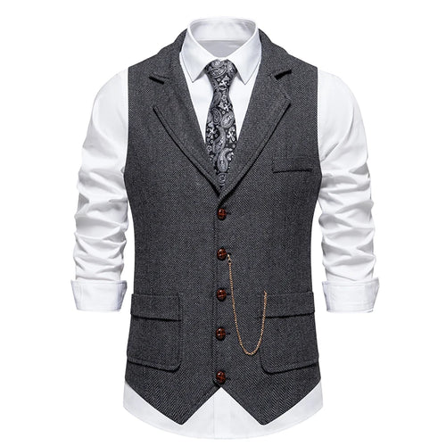 Men's Retro Lapel Chain Vest Fashion Herringbone Coarse Tweed Pockets