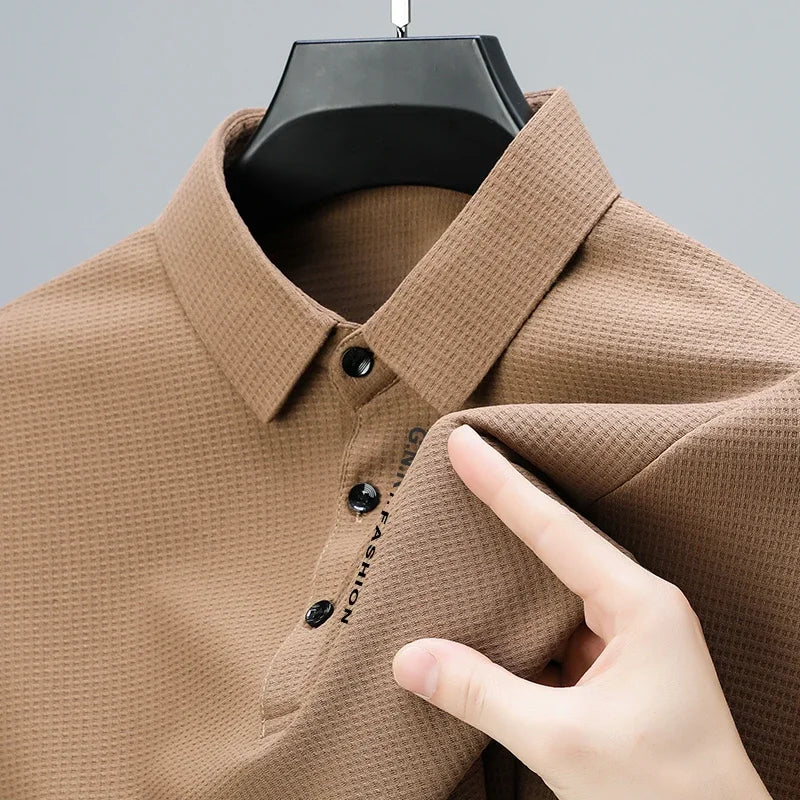 Men's Waffle Long Sleeved POLO Shirt with Letter Printed Lapel Casual