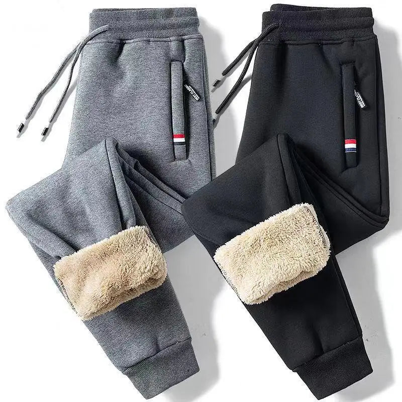Winter Men's Cotton Tight Track Pants Fleece-Lined Thick Lambskin