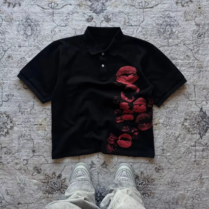 Y2K Polo Shirt Print Rock Goth Oversized T-shirt Hip Hop Button-down