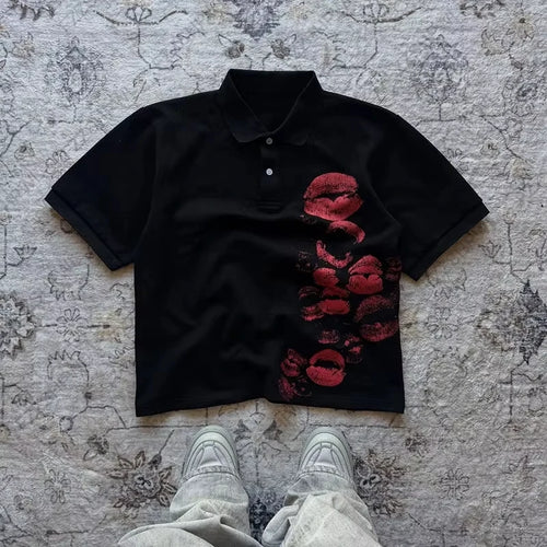 Y2K Polo Shirt Print Rock Goth Oversized T-shirt Hip Hop Button-down