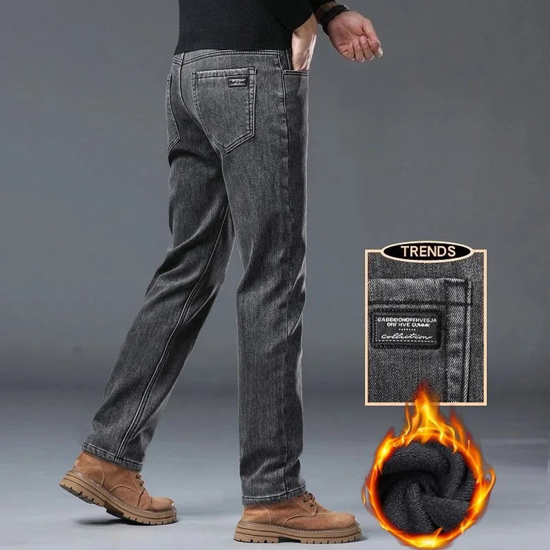 Winter Warm Jeans Men's Slim Straight Elastic Denim Pants Casual Male