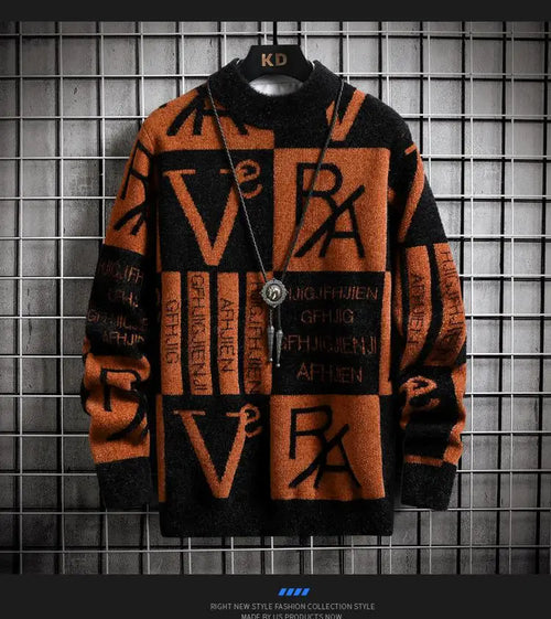 Men Knitted Sweater Stripe Pullovers Printing Round Neck Sweater