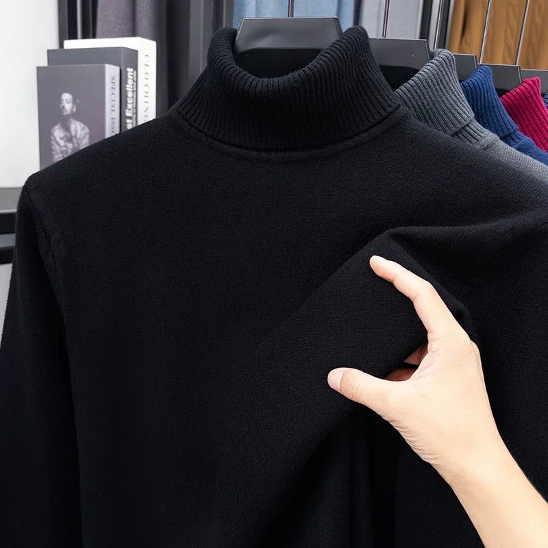 Autumn Mens High Quality Knitted Turtleneck Sweater Slim Fit Long