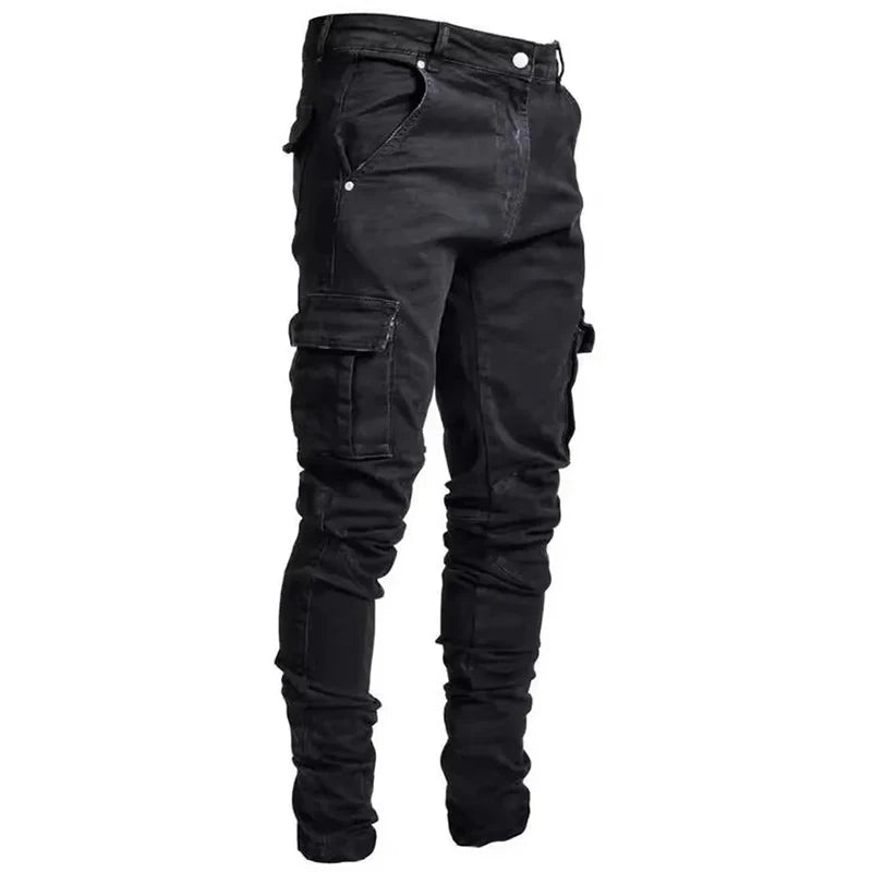 Men Street Elastic Denim Jeans Wash Solid Color Multi Pockets Cargo