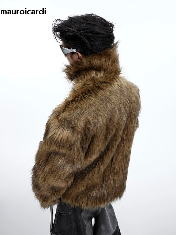 Mauroicardi Winter Short Thick Warm Brown Hairy Soft Faux Fur Coat Men