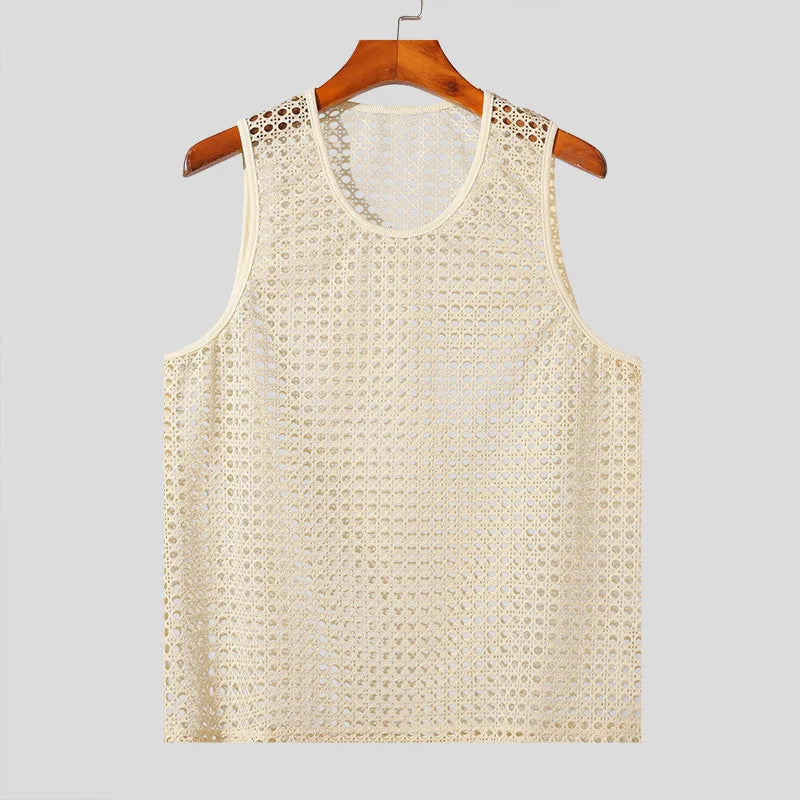 New American Style Fashion Men Tops Popular Vacation Hollow Out Mesh