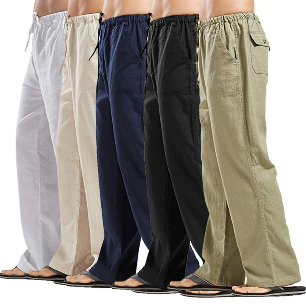 Men's Cotton Linen Pants Summer Solid Color Breathable Linen Trousers