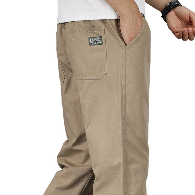 Big Size Mens Casual Pants Relaxed Fit Cotton Trousers Elastic Waist