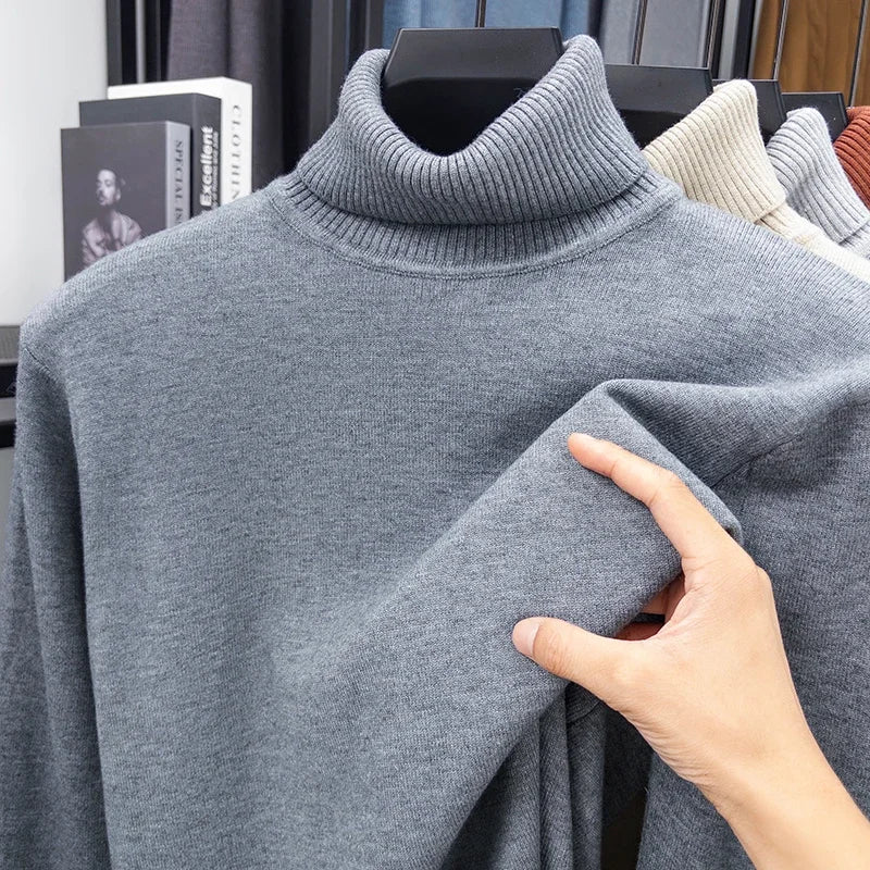 Autumn Mens High Quality Knitted Turtleneck Sweater Slim Fit Long