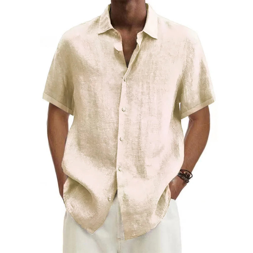 men Cotton Linen Hot Sale Men's Short-Sleeved Shirts Summer Solid
