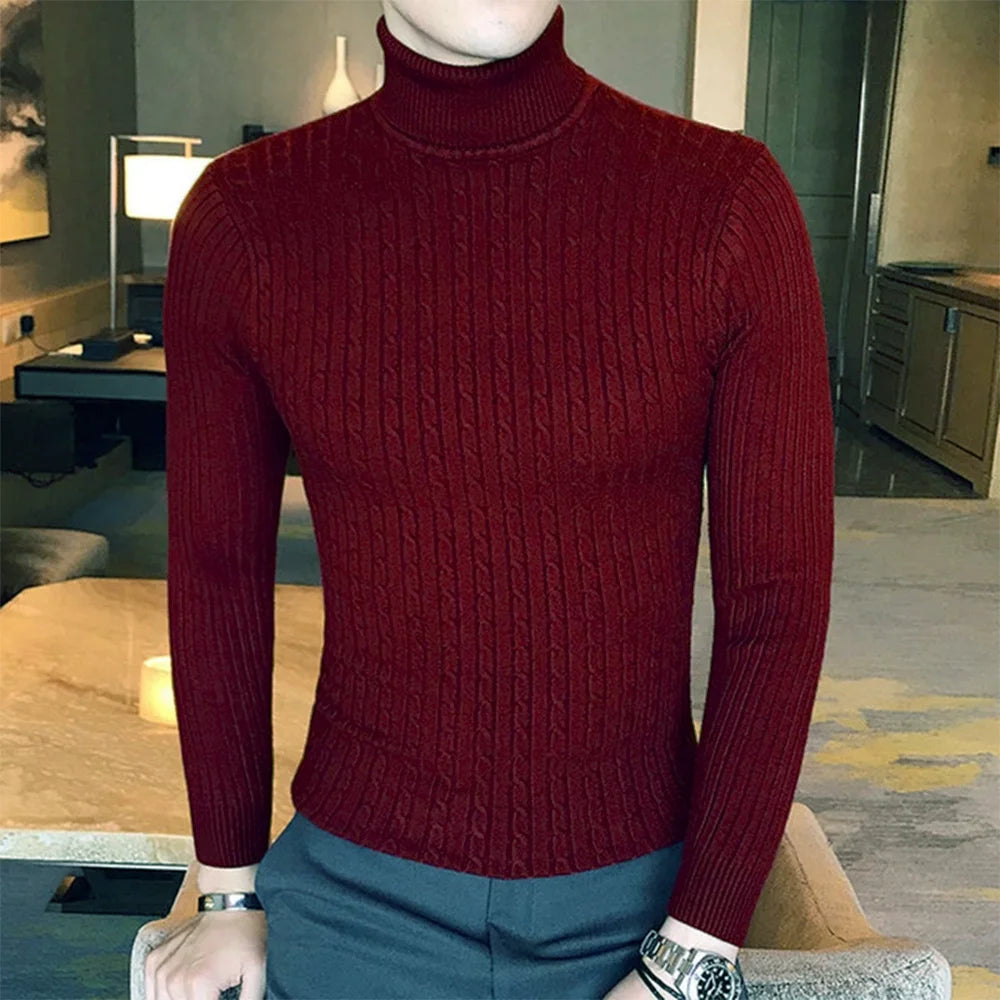 Autumn Winter Turtleneck Pullovers Warm Solid Color Men's Sweater Slim