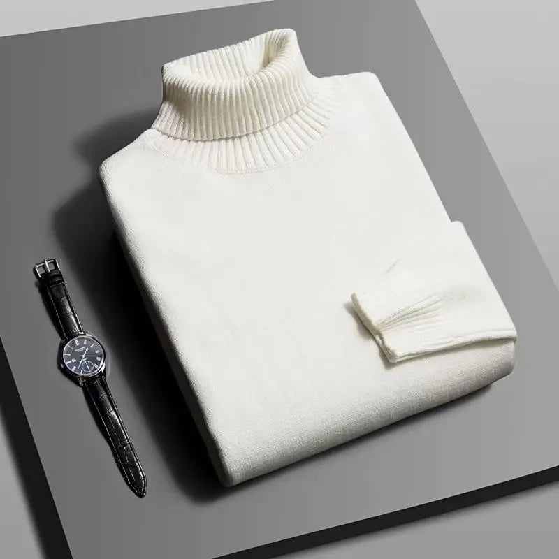 Autumn Mens High Quality Knitted Turtleneck Sweater Slim Fit Long