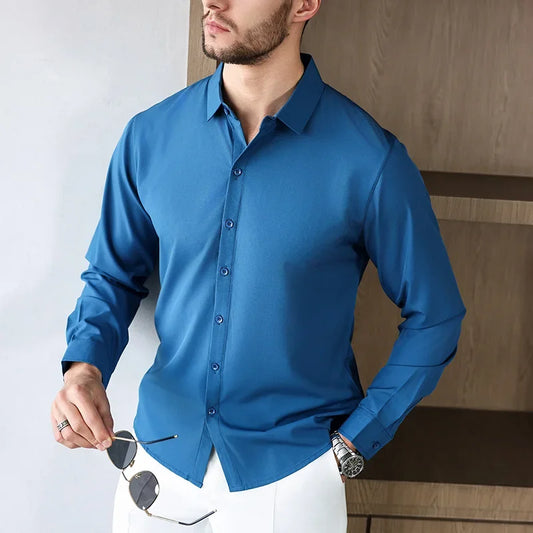 New Men's Business Casual Long Sleeved Solid Color Shirt Wrinkle