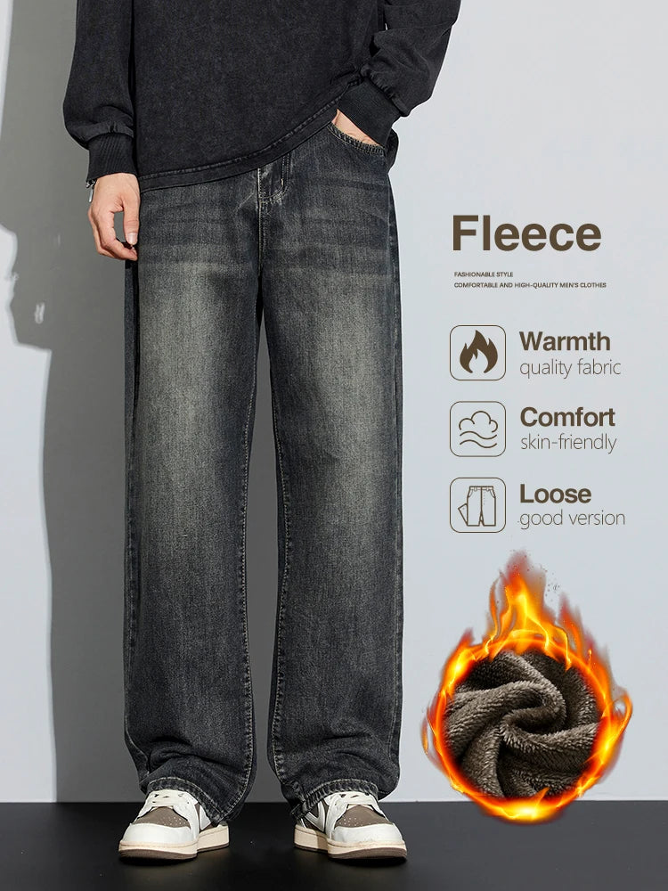 Korean Wide Legs Fleece Jeans Men's Winter Warm Thickened Velvet Loose