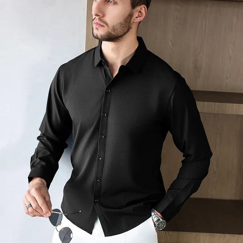New Men's Business Casual Long Sleeved Solid Color Shirt Wrinkle