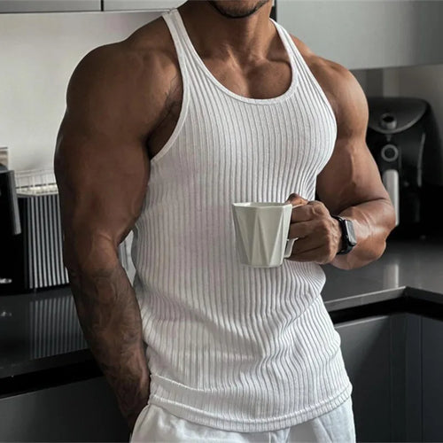 Men's Summer O-neck loose stripe gym Tank top Men Fitness sleeveless
