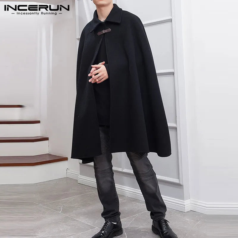 INCERUN Fashion Men Cloak Coats Lapel Solid Color One Button Cape