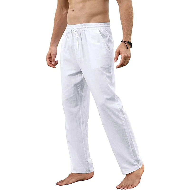 Men's Cotton Linen Pants Loose Breathable Casual Solid Color Long