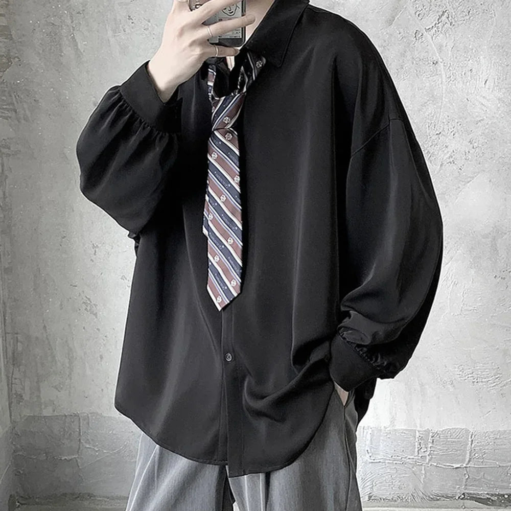 Korean Style Men's Long-sleeved Shirts Black Tie Cozy Casual Solid