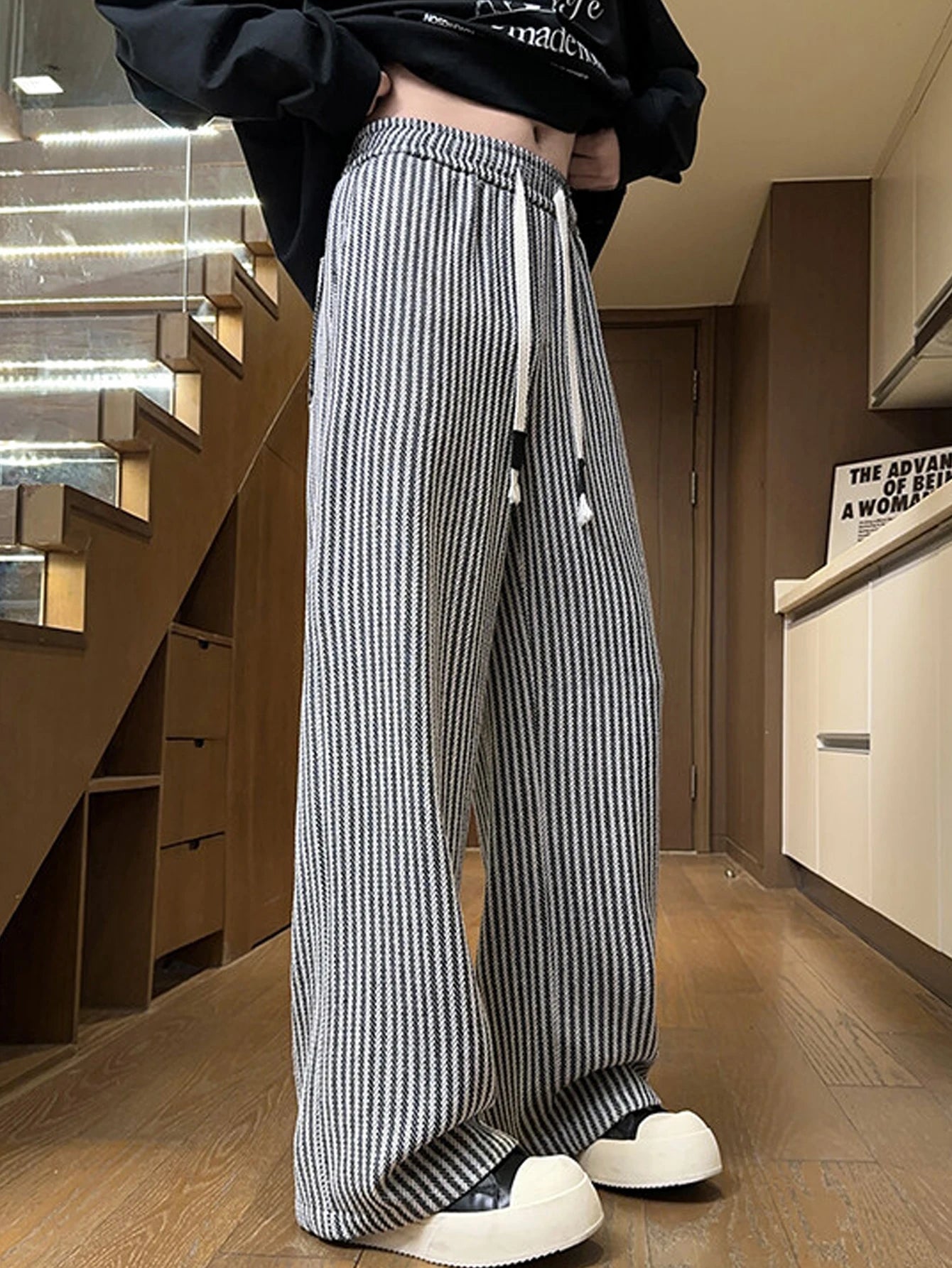 Men's autumn casual striped pants, woven pants, with drawstring