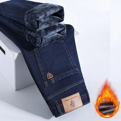 Winter Warm Fleece Jeans Men's Thick Thermal Casual Straight Denim