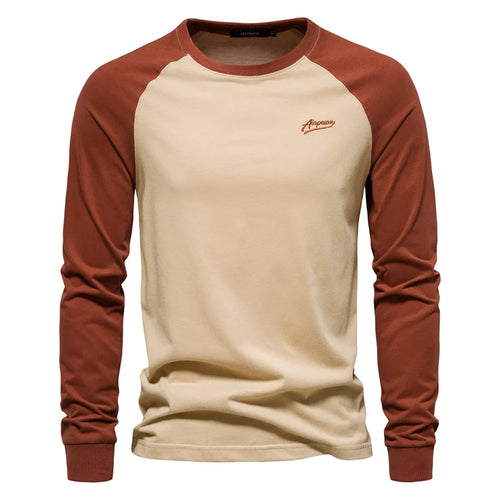 AIOPESON Men's T-shirts 100% Cotton Long Sleeve O-neck Pactwork Casual