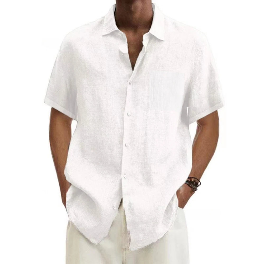 men Cotton Linen Hot Sale Men's Short-Sleeved Shirts Summer Solid