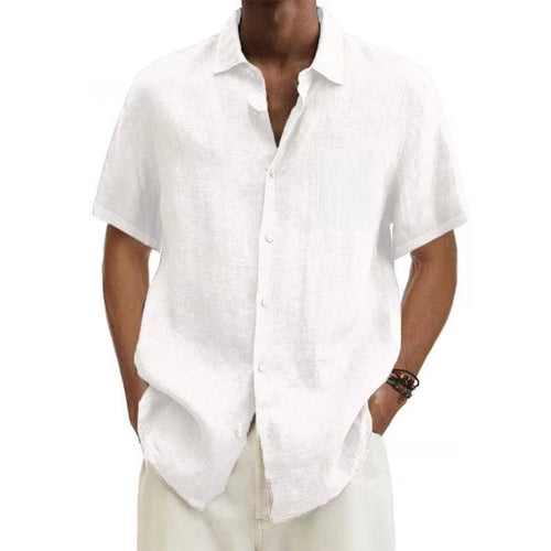 men Cotton Linen Hot Sale Men's Short-Sleeved Shirts Summer Solid