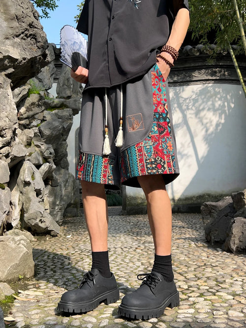 Men's ethnic embroidery pattern shorts with pockets, summer casual