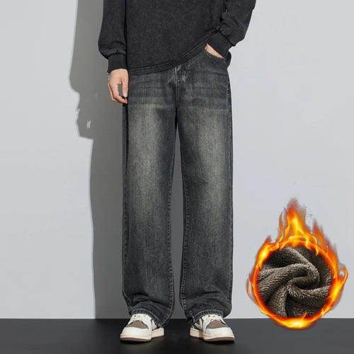 Korean Wide Legs Fleece Jeans Men's Winter Warm Thickened Velvet Loose