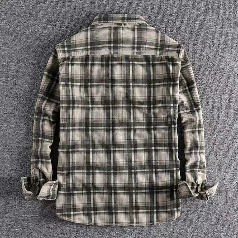 Japanese Vintage Men's Plaid Long Sleeve Shirt Spring Autumn Fashion