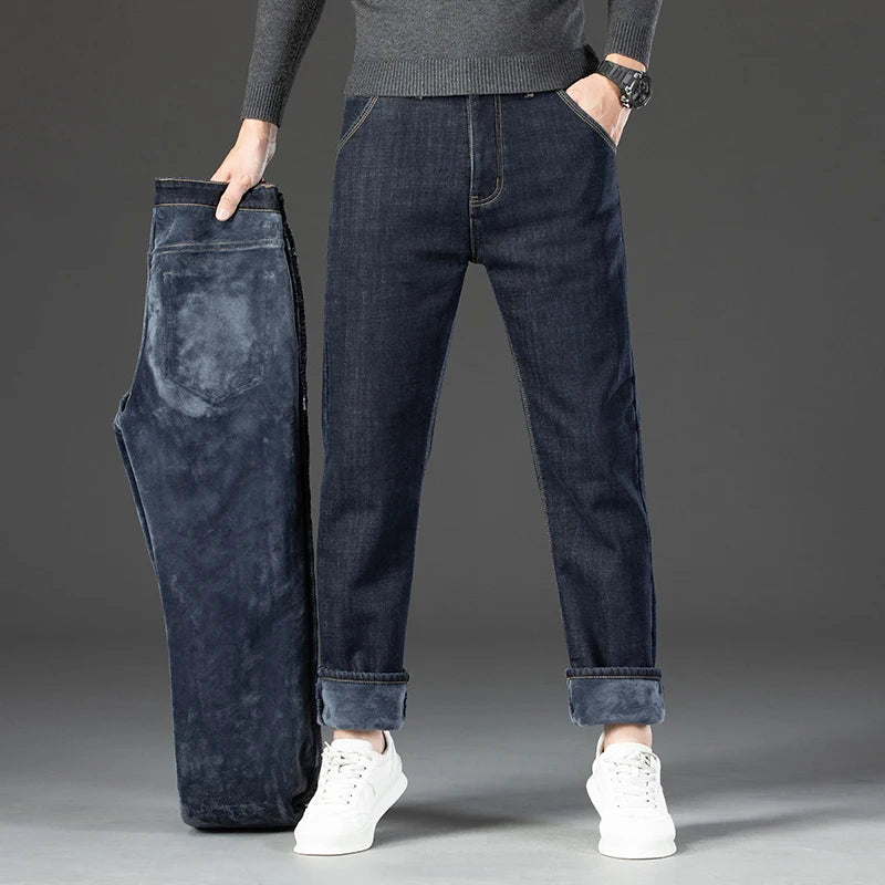 Winter Warm Fleece Jeans Men's Thick Thermal Casual Straight Denim