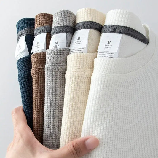 Waffle Short Sleeved T-shirt for Men and Women Summer Japanese Round
