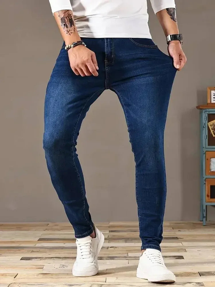 Men Jeans Stretch Skinny Denim Pants Solid Color Black Blue Spring