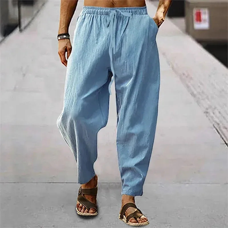 New Men Cotton Linen Pants Summer and Autumn Solid High Waist Wide-Leg