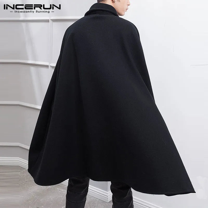 INCERUN Fashion Men Cloak Coats Lapel Solid Color One Button Cape