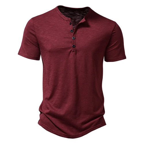 Henley Collar Summer Men Casual Solid Color Short Sleeve T Shirt for