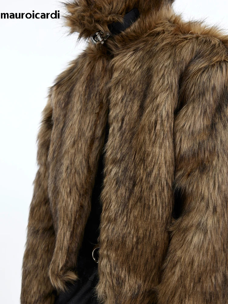 Mauroicardi Winter Short Thick Warm Brown Hairy Soft Faux Fur Coat Men