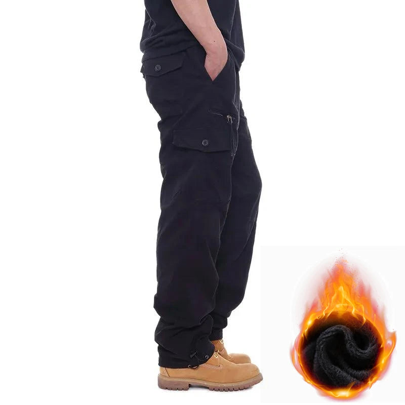 Autumn Winter Mens Cargo Pants Fleece Warm Trousers Cotton Pants