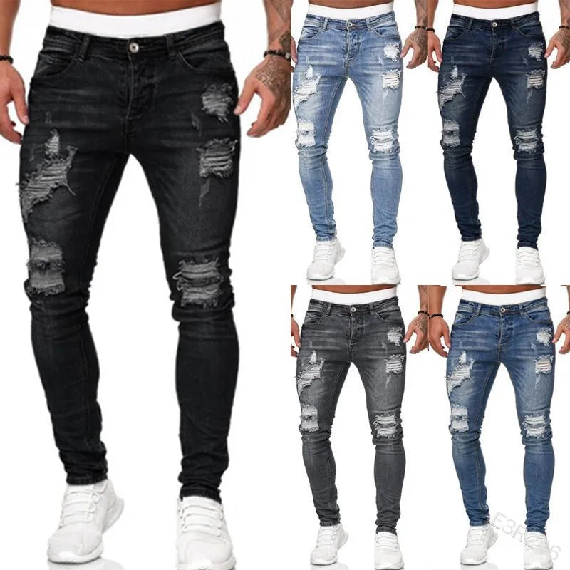 Fashion Street Style Ripped Skinny Jeans Men Vintage wash Solid Denim