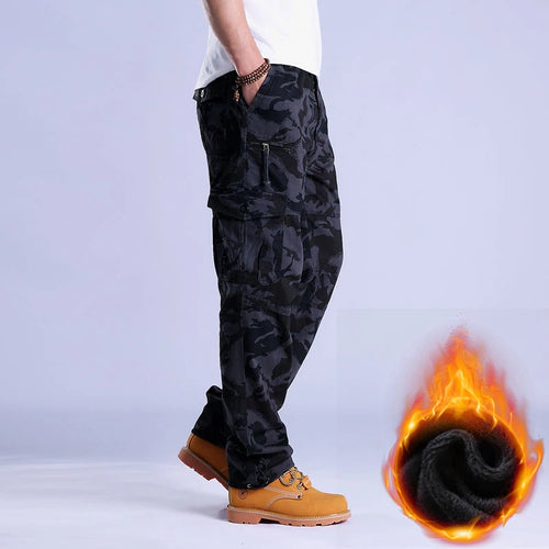 Autumn Winter Mens Cargo Pants Fleece Warm Trousers Cotton Pants