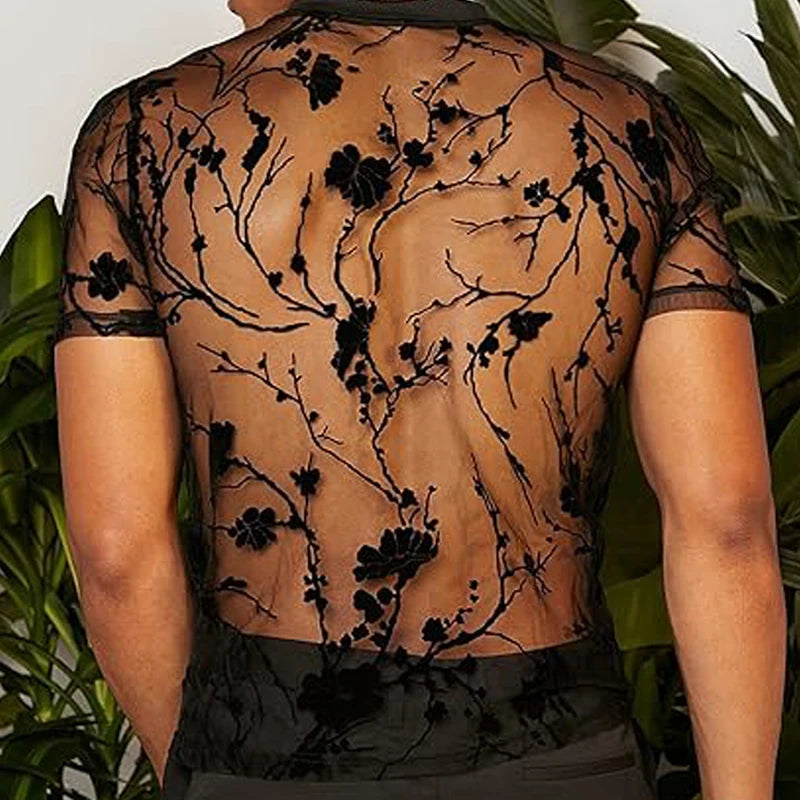 Summer Men's Clothing Mesh Lace Knit T-shirt Streetwear Hollow-Out O