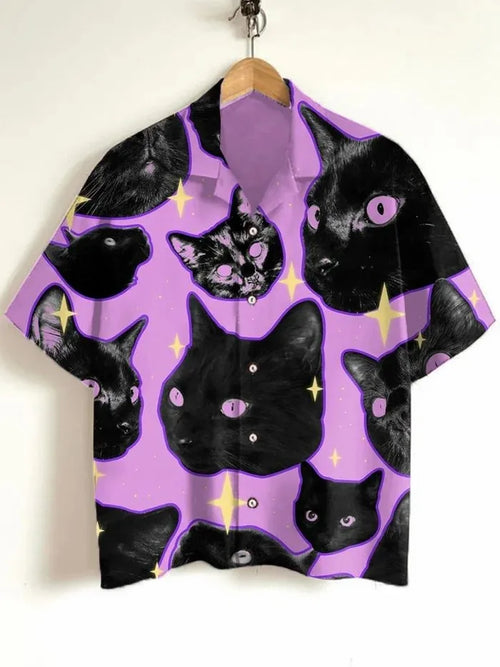 Men's Cat Graphics Shirts Short Sleeved Button Down Lapel Shirt For