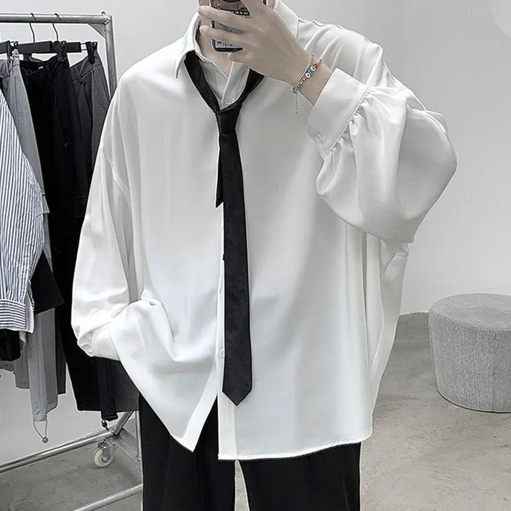 Korean Style Men's Long-sleeved Shirts Black Tie Cozy Casual Solid
