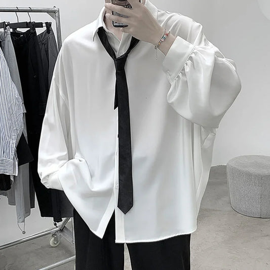 Korean Style Men's Long-sleeved Shirts Black Tie Cozy Casual Solid